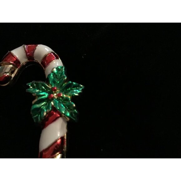 Vintage AAi Gold-Tone Enamel Christmas Candy Cane with Holly leaves  Signed - Picture 4 of 10